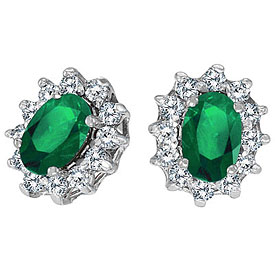 14K White Gold Precious Oval Emerald and Diamond Earrings