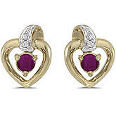10k Yellow Gold Round Ruby And Diamond Heart Earrings