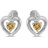 10k White Gold Round Citrine And Diamond Heart Earrings