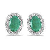 14k White Gold Oval Emerald And Diamond Earrings