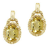 14K Yellow Gold 8x6 Oval Lemon Quartz and Diamond Earrings