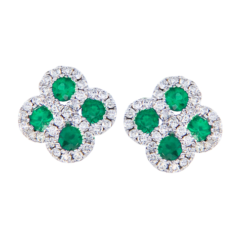 14k White Gold Emerald and .26 ct Diamond Clover Earrings