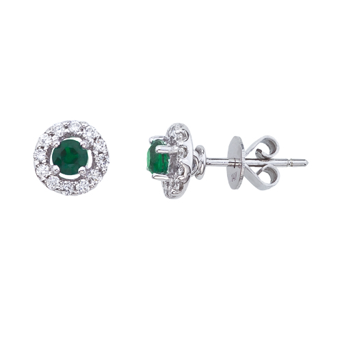 14k White Gold 5mm Round Emerald and Diamond Earrings