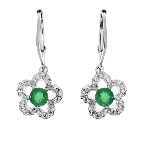 14k White Gold Emerald and Diamond Flower Leverback Earrings