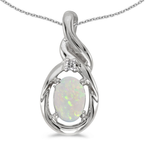 14k White Gold Oval Opal And Diamond Pendant