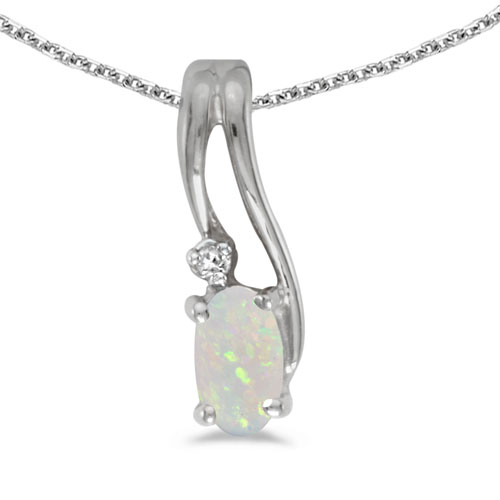 14k White Gold Oval Opal And Diamond Wave Pendant