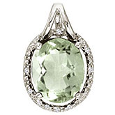 14K White Gold Green Amethyst and Diamond Oval Pendant