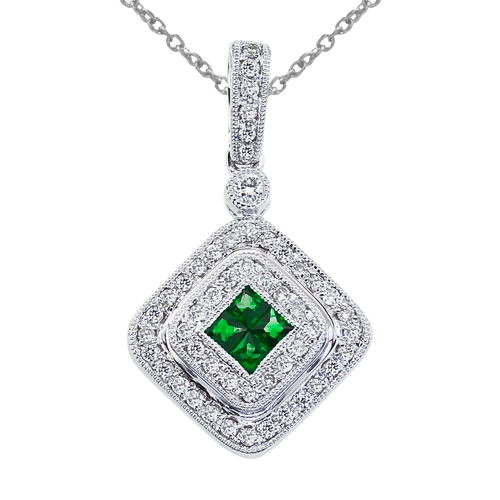 14k White Gold Oval Emerald and .17 ct Diamond Square Pendant
