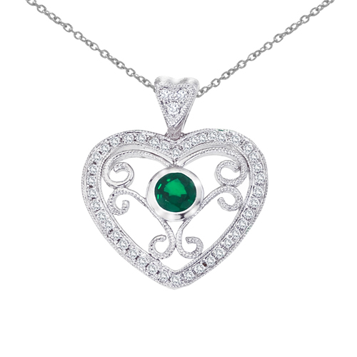 14k White Gold Heart Shaped Filigree Emerald and Diamond Pendant