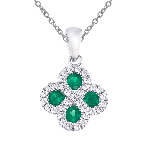 14k White Gold Emerald and .13 ct Diamond Clover Pendant