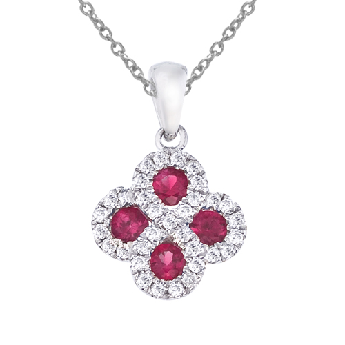 14k White Gold Ruby and .13 ct Diamond Clover Pendant