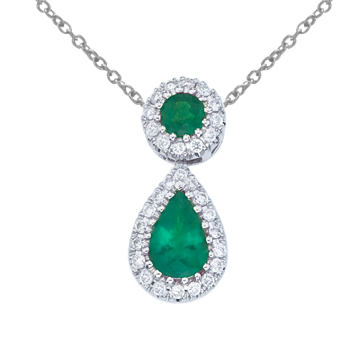 14k White Gold Emerald and Diamond Dangle Pendant