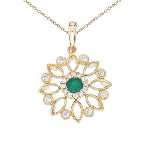 14k Yellow Gold Floral Filigree Emerald and Diamond Pendant