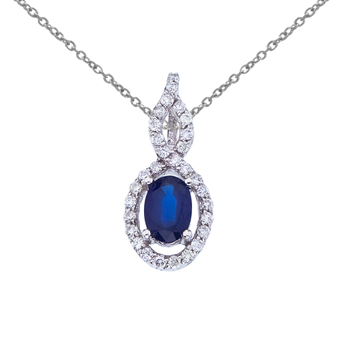 14k White Gold Oval Sapphire and Diamond Pendant