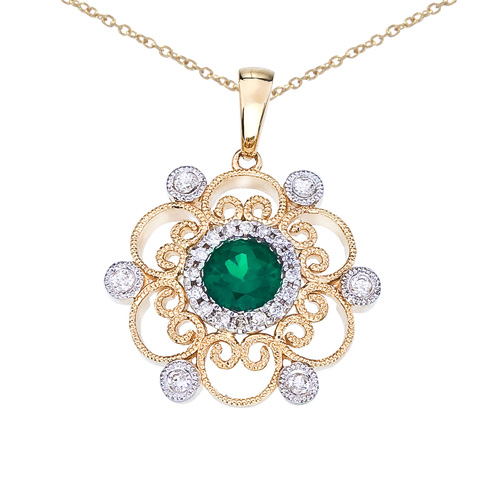 14k Two-Tone Emerald and Diamond Filigree Pendant