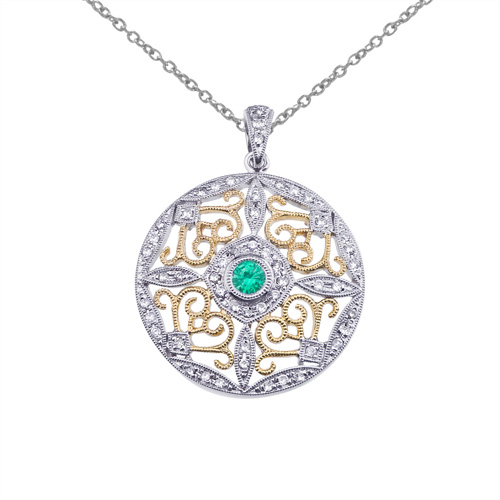 14k Two-Tone Gold Emerald and Diamond Round Filigree Pendant