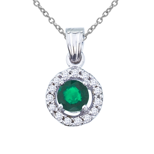 14K White Gold 5mm Round Emerald and Diamond Pendant