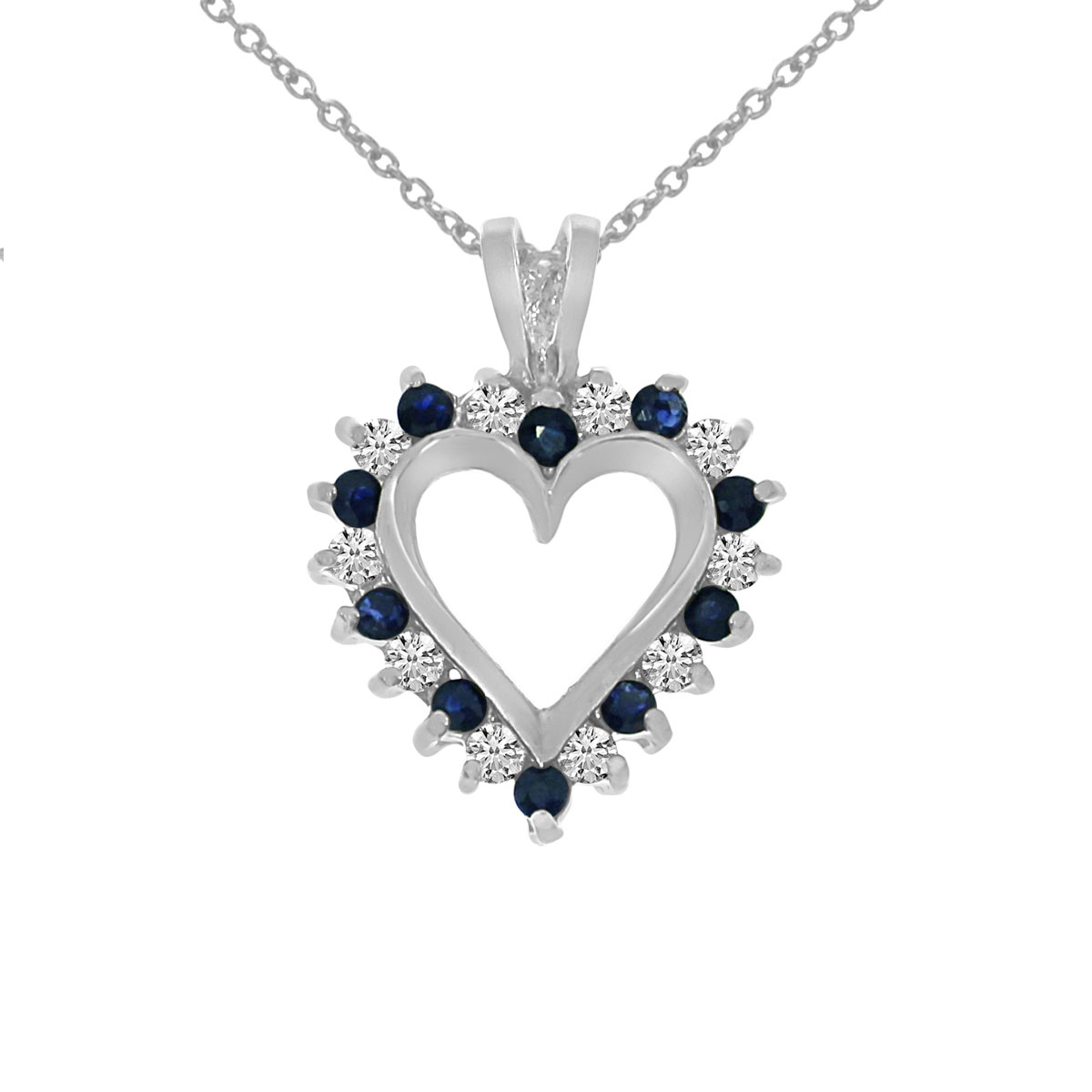 14k White Gold Sapphire and Diamond Heart Shaped Pendant