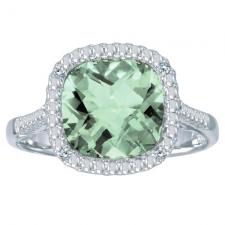 14k White Gold Cushion Cut Green Amethyst And Diamond Ring