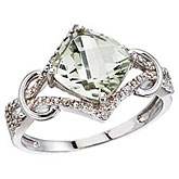 14K White Gold Green Amethyst and Diamond Cushion Ring