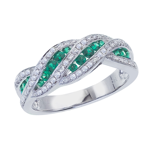 14k White Gold Emerald and .27 ct Diamond Fashion Ring