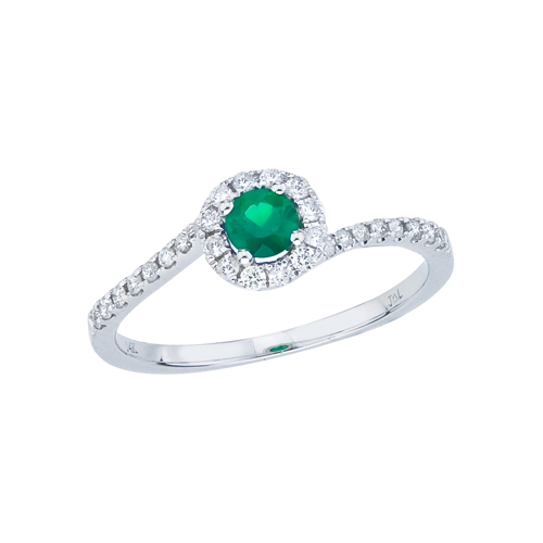 14k White Gold Emerald and Diamond Halo Swirl Ring
