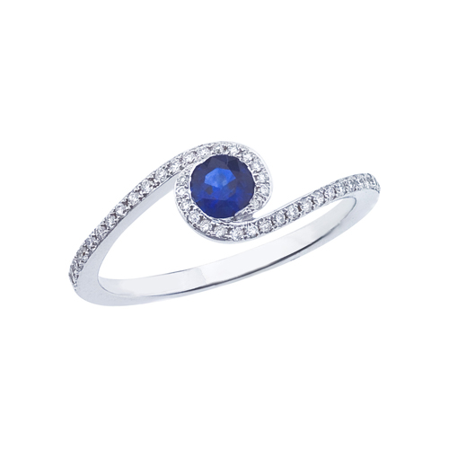 14k White Gold Sapphire and .14 ct Diamond Swirl Ring