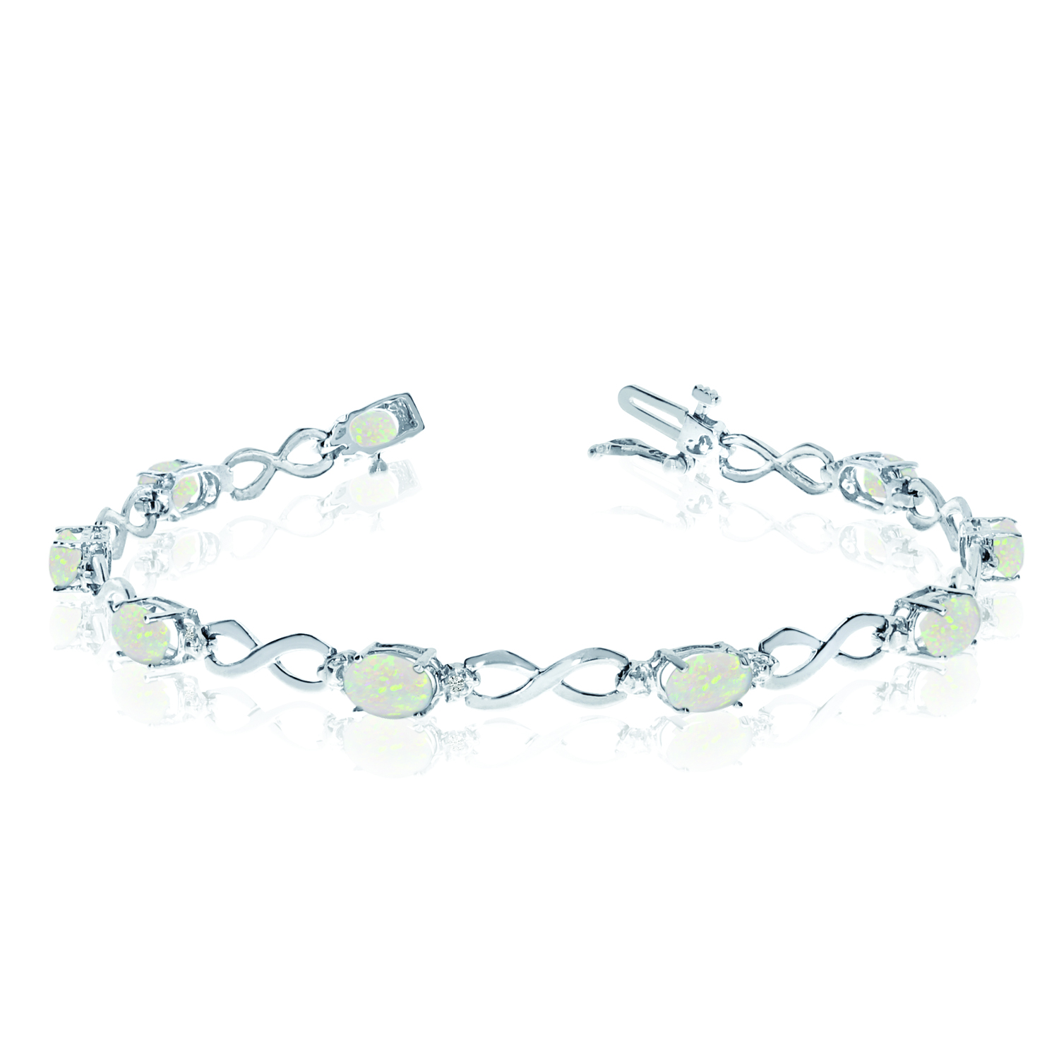 10K White Gold Oval Opal and Diamond Bracelet
