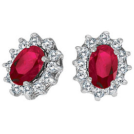 14K White Gold Precious Oval Ruby and Diamond Earrings